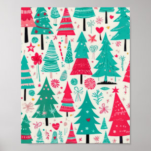 Póster Patrón Colorido de Árbol de Navidad Dibujado a Man