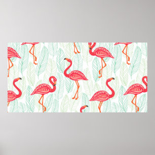 Póster Patrón con ornamentos de flamingo rosado en un gru