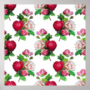 Póster Patrón con rosas rojas, blancas y rosadas,