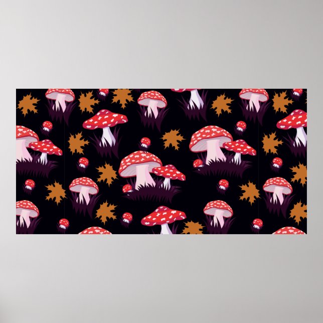 Póster Patrón continuo con amanita muscaria y hojas de ar (Frente)