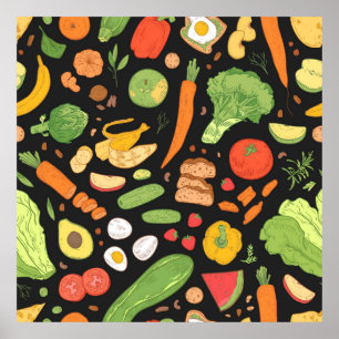Póster Patrón continuo con comida dietética, productos in
