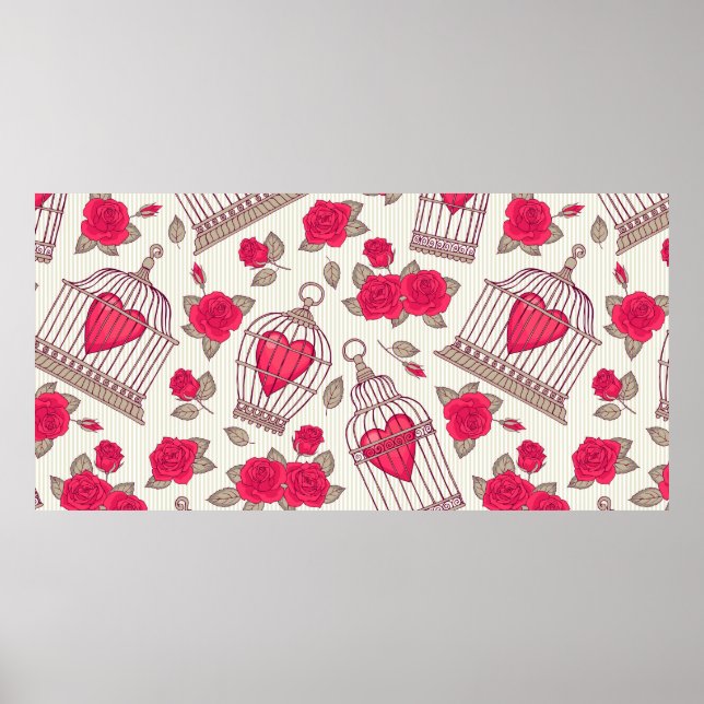 Póster Patrón continuo con flores y jaulas de pájaros. Ro (Frente)