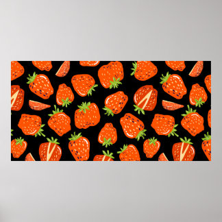 Póster Patrón continuo con fresas pequeñas sobre negro