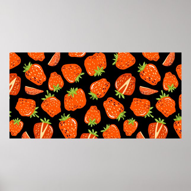 Póster Patrón continuo con fresas pequeñas sobre negro (Frente)