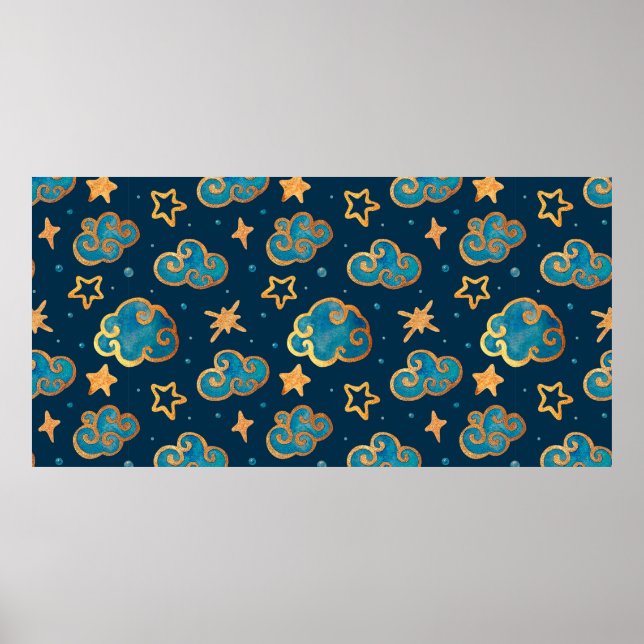 Póster Patrón continuo de acuarela con la luna, estrellas (Frente)