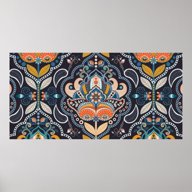 Póster Patrón continuo floral de cachemira. Fondo oscuro  (Frente)