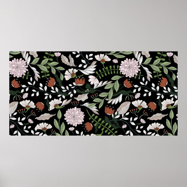 Póster Patrón continuo pintado a mano con flores (Frente)
