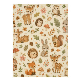 Póster Patrón de Acuarela de Animales del Bosque Encantad