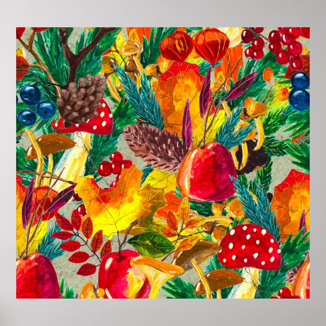 Póster Patrón de acuarela de otoño deja hongos (Frente)