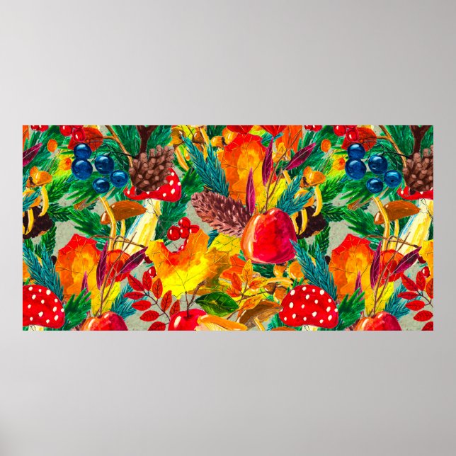 Póster Patrón de acuarela de otoño sin soldadura con hoja (Frente)