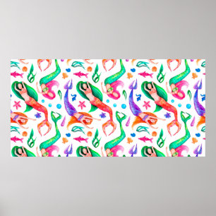 Póster Patrón de acuarela sin costuras con sirenas, conch