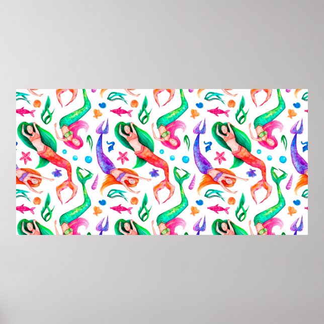 Póster Patrón de acuarela sin costuras con sirenas, conch (Frente)