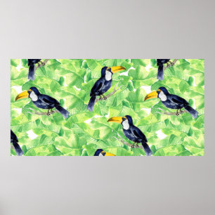 Póster Patrón de acuarela sin foco con toucan en verde l