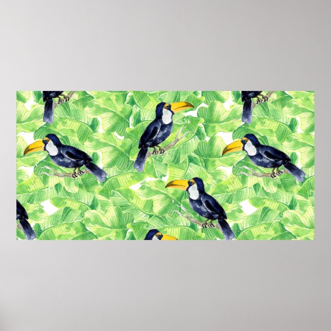 Póster Patrón de acuarela sin foco con toucan en verde l (Frente)