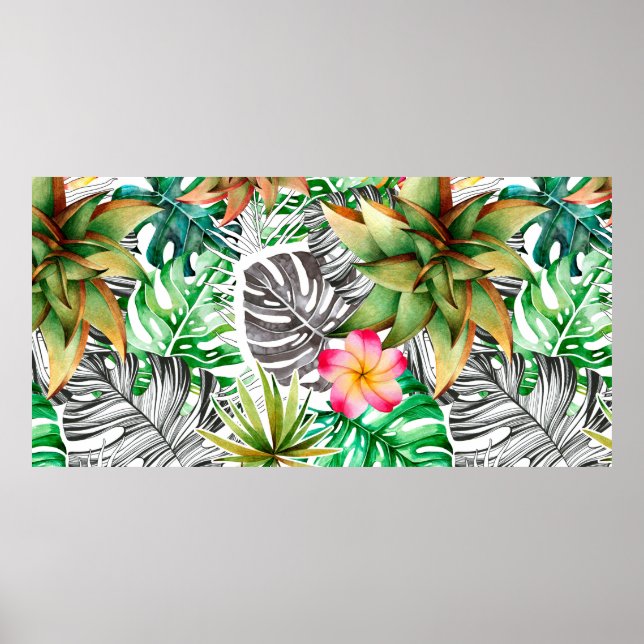 Póster Patrón de acuarela sin foco de hojas tropicales. (Frente)