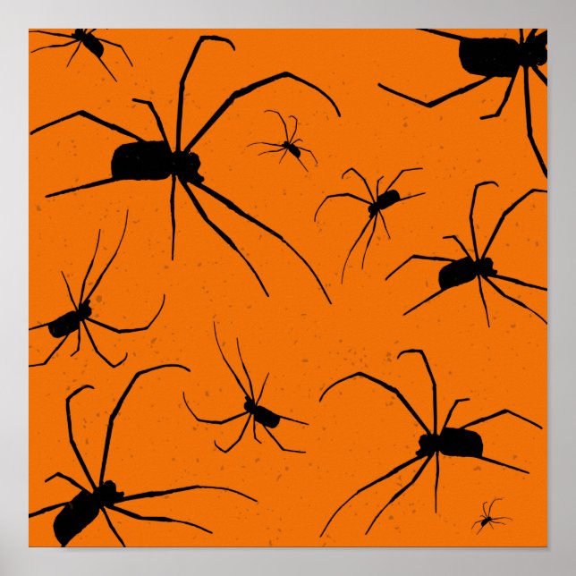 Póster Patrón de arañas de Halloween naranja, araña negra (Frente)