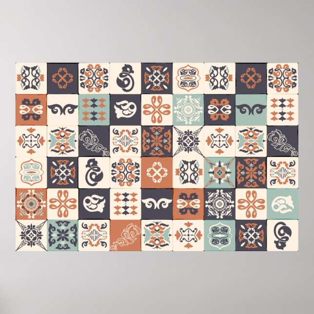 Póster Patrón de Azulejos Retro Azul, Blanco y naranja Li (Frente)