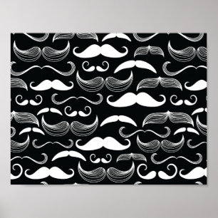 Póster Patrón de Bigote Negro y Blanco Hipster de Moda