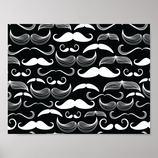 Póster Patrón de Bigote Negro y Blanco Hipster de Moda (Frente)