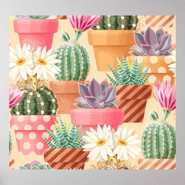 Póster Patrón de cactus sin fisuras y suculento detallado (Frente)