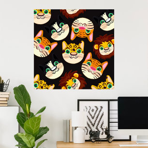 Póster Patrón de caras de animales gatos leones perros