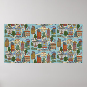 Póster patrón de casas de ciudades pequeñas