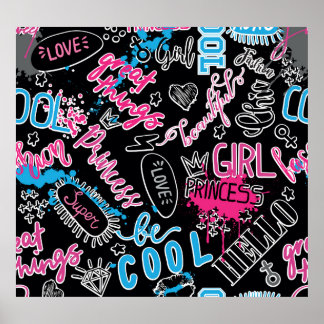 Póster Patrón de chicas con lema caligráfico, corazones,