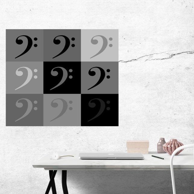 Póster Patrón de Clave de Fa Gris Negro (A poster of a bass clef pattern in various shades of gray and black.)