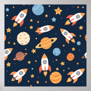 Póster Patrón de cohetes lindos planetas espacio