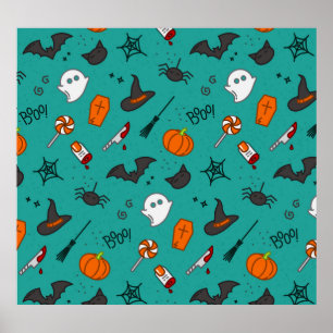 Póster Patrón de color turquesa de Halloween de estilo pl