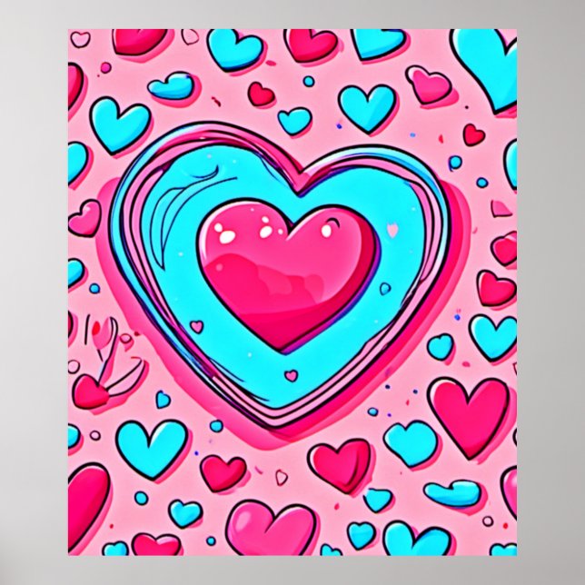 Póster Patrón de Corazón Azul Rosa (Frente)