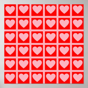 Póster Patrón de corazón rojo rosa retro Y2K de cuadros