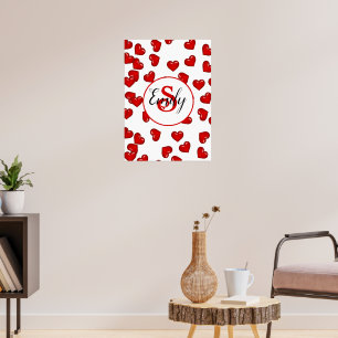 Póster patrón de corazones rojos de amor monogramado
