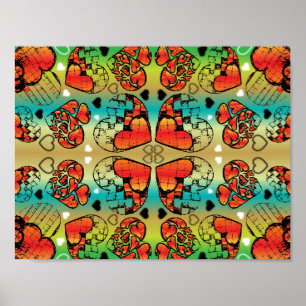 Póster Patrón de corazones románticos rojos y verdes