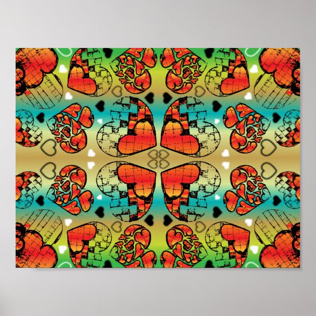 Póster Patrón de corazones románticos rojos y verdes (Frente)