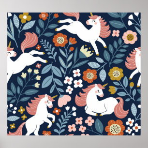 Póster Patrón de cosecha de unicornios florales