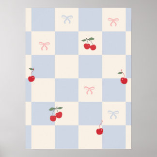 Póster Patrón de cuadros azules con cerezas