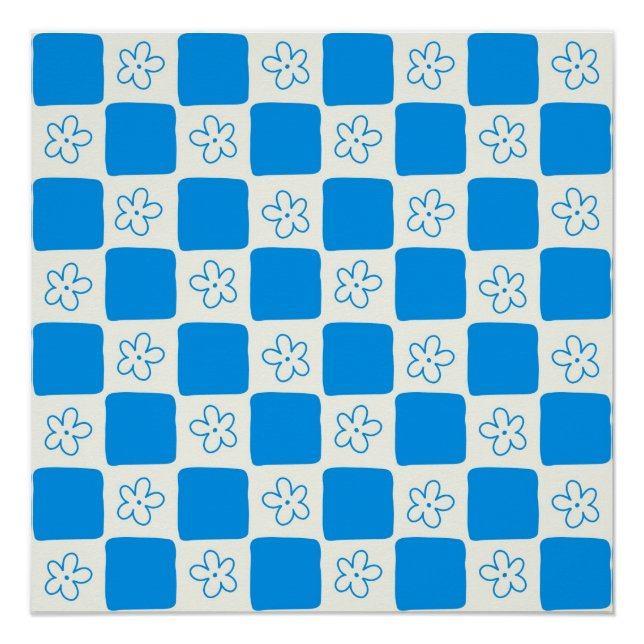 Póster Patrón de cuadros de flores azules elegante (Anverso)