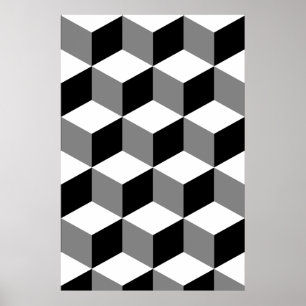 Póster Patrón de cubo Blanco negro y gris