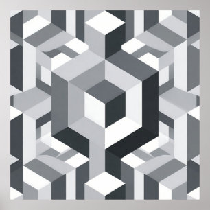 Póster Patrón de Cubo Isométrico Monocromo