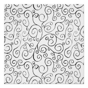 Póster Patrón de curvado negro pintado a mano sobre blanc