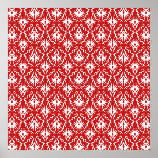 Póster Patrón de Damasco blanco y rojo brillante.