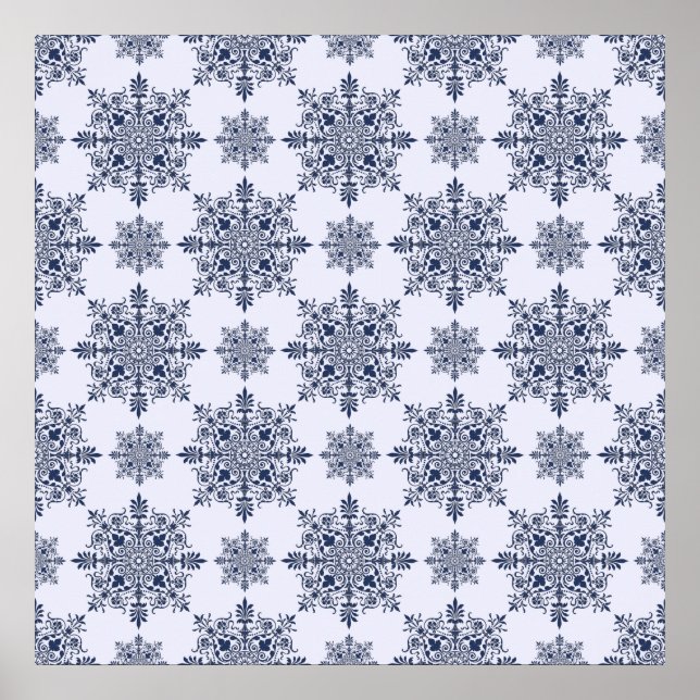 Póster Patrón de Damasco de copo de nieve azul (Frente)