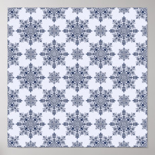 Póster Patrón de damasco de copo de nieve azul