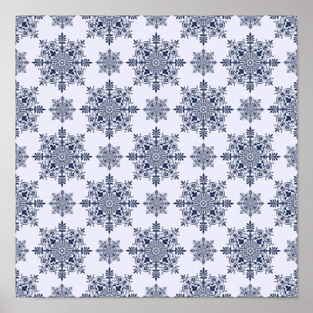 Póster Patrón de damasco de copo de nieve azul (Frente)