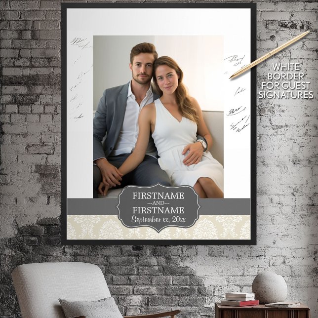 Póster Patrón de Damasco de Linen Beige y Carbón (Custom Guest Book Poster)