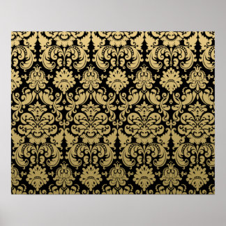 Póster Patrón de Damasco elegante dorado y negro