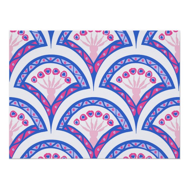 Póster patrón de damasco floral azul (Anverso)