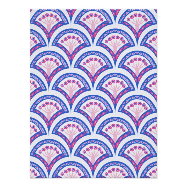 Póster patrón de damasco floral azul (Anverso)