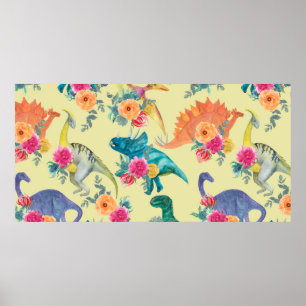 Póster Patrón de dinosaurios de pintura acuarela. Barba s